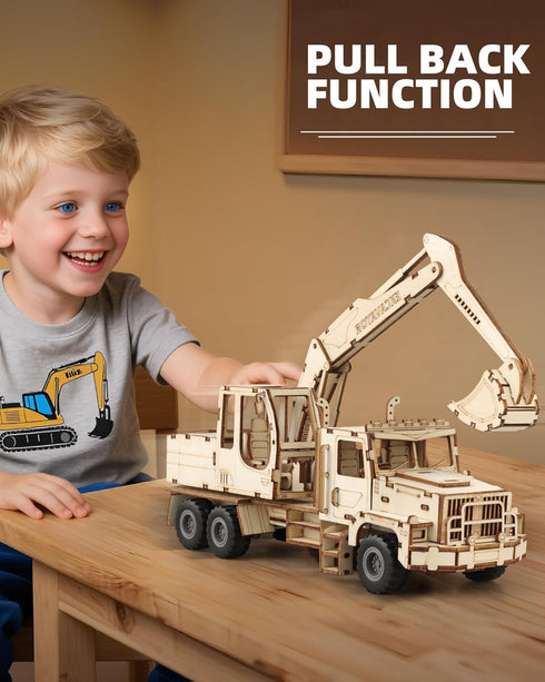 MOCBURIKU 3D Wooden Puzzle for Adults, Excavator Wooden Mechanical Model Car Kits to Build, Brain Teaser Pull Back