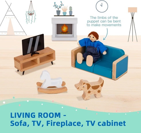 Set 26 4 Set 3+ OOOK Wooden Dollhouse Furniture for Kids, Pcs Dollhouse Accessories with Family Dolls and Dog