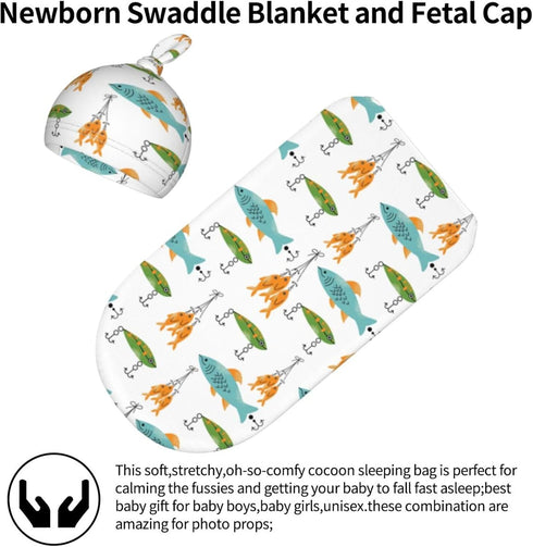 Osvbs Sets, Fishing Baby Stuff Swaddle Blankets Beanie Hat Soft and Stretchy Newborn Fishes Blanket Swaddle Sack