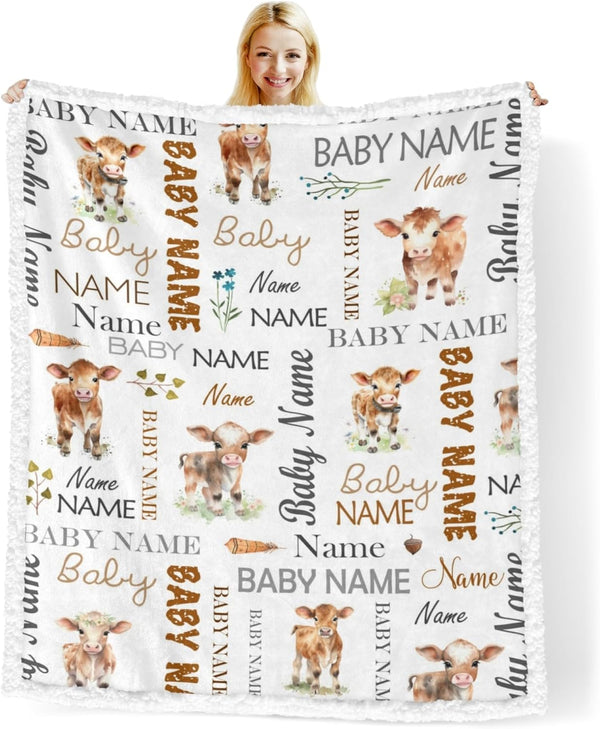 Novusopt Custom Blanket with Name Baby Sherpa Blanket Cow Personalized Baby Blankets for