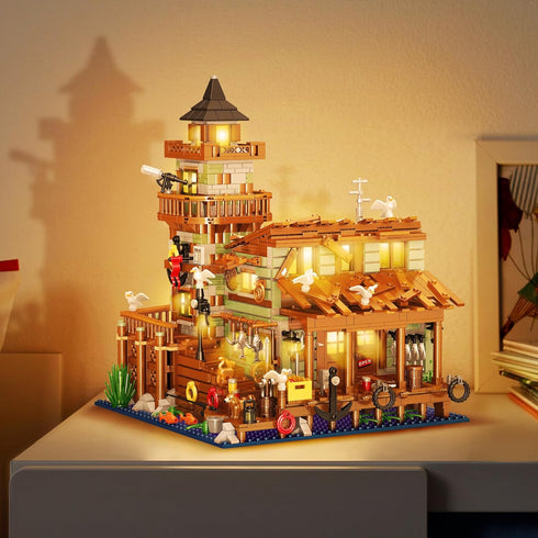 1881PCS Fishing Village Cabin Mini Building Blocks Toys with LED Lighting, Creative Architecture Building Sets for 6+