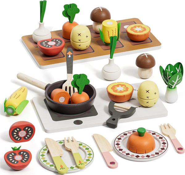 Wooden Play Food Sets for Kids Kitchen, Farm to Table Play Kitchen