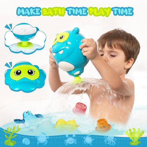 18months+ Swimming EKU Hippo Bath Toys for Kids Ages Toddler with Burger Stacking Cups Duck Crab Bath Time Water Play