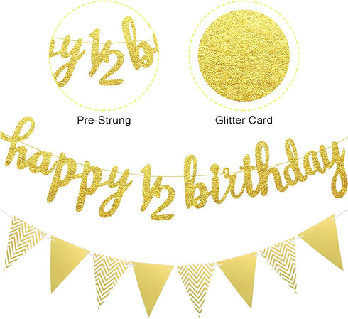 Boao Pre-Strung Half Birthday Decorations Set - 6 Months Happy 1/2 Birthday Banner, Gold Cake Topper, Triangle Flag