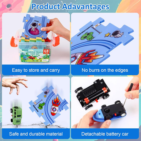 VESPRO 4 Set, 68PCS Set, 3+ Series Toddler Car Track Kids Car Track Play Educational Puzzle Toys for Kids Ages Boys