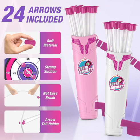 2 Pack Bow and Arrow for Kids, LED Light Up Archery Set with 24 Suction Cup Arrows and 2 Quivers for Indoor Outdoor