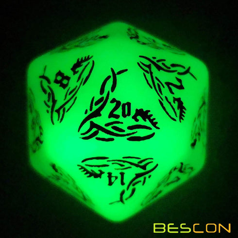 BESCON DARK ELVES Glowing Dice Set (7 piece), Oversized GLOW in DARK Carved RPG Dice Set