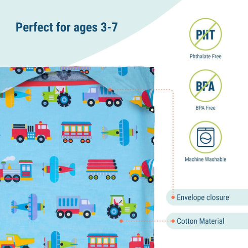 Wildkin Kids Cotton Nap Mat Cover - Durable, Soft, Sewn-in Flap, Fits 1.5" Vinyl Sleep Mats - Trains, Planes & Trucks