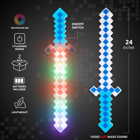 Fun Central 2 Pack LED 24" Light Up Blue Pixel 8-Bit Toy Sword for Kids