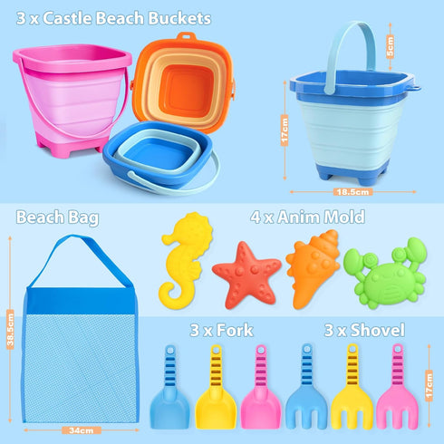 3-10, 3 Pack Dreamon Beach Toys for Kids Collapsible Sand Castle Toys for Beach Include Foldable Buckets, Shovels Molds