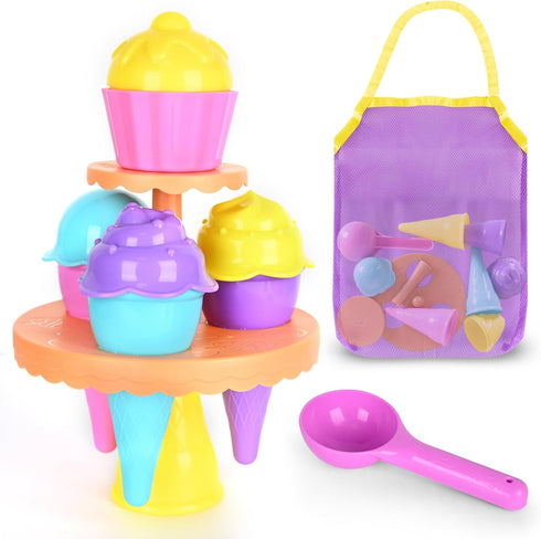 Beach Toys for Kids, 14pcs Sand Toys with Mesh Bag, Toddler Beach Essentials, Ice Cream Travel Sand Toys for Outdoor