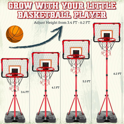 Meland Kids Basketball Hoop, Adjustable Height 3.4ft-6.2ft, Indoor Outdoor Basketball Goal Toys for Boys 3-8