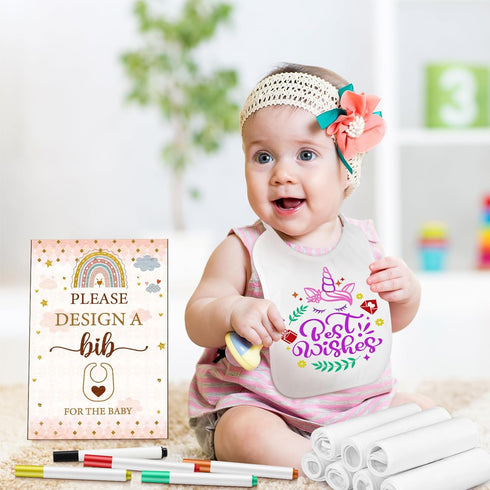 50 DIY Baby Bibs Set Includes Baby Bibs Baby Shower Game Sign 25 White Feeder Bibs Blank Baby Bibs 24 Fabric Markers