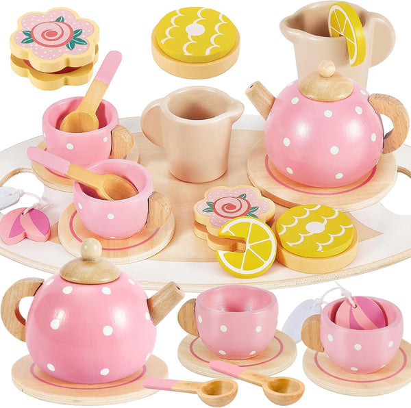 BUYGER Kids Wooden Tea Party Set for Little Girls Toddler Pretend Play