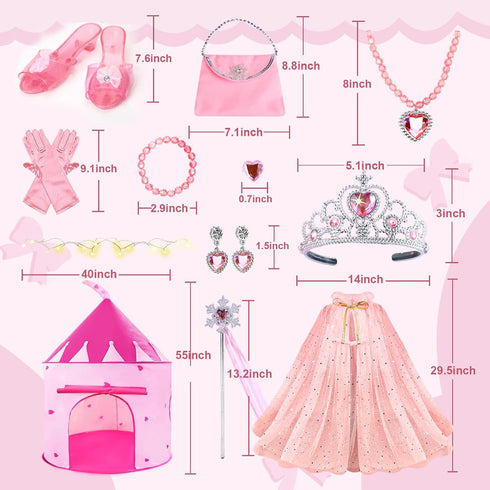 WTOR Princess Castle Play Tent Dress Up with LED Glow Stars, 15Pcs Cape & Crown for Girls, Indoor & Outdoor Use (Pink)