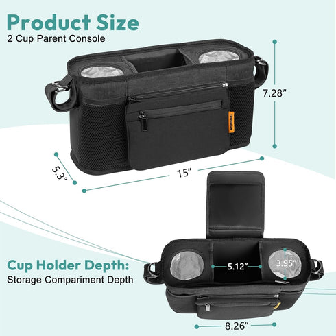 W2&X2, 2 Parent Console Fits for Wonderfold Wagon Stroller Organizer with Insulated Cup Holders, Multiple Storage