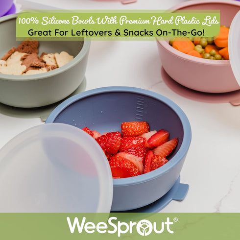 WeeSprout Suction Bowls for Baby & Toddlers (Set of 2) - 100% Silicone with Plastic Lid, Leak Proof, Dishwasher &