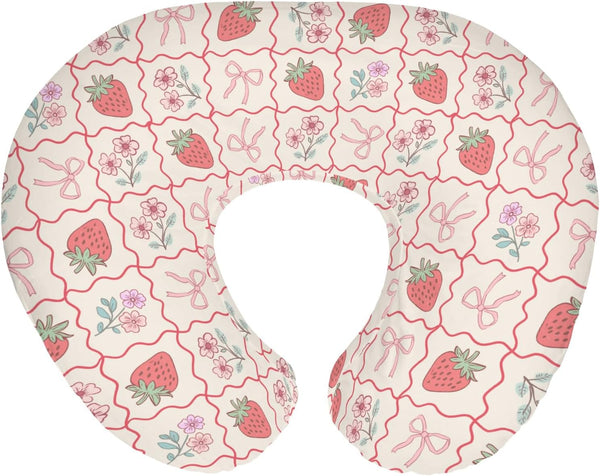 Boho Strawberry Flowers Baby Nursing Pillow Covers for Girl Strawberries Pink Bows