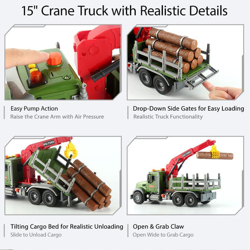 15" 6 3 4 5 6 Wenbeier Farm Truck Toy for Kids Large Timber Truck with Loading Crane and Woods - Log Truck with Sound