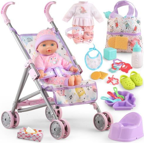 Baby Doll with Stroller Set for Realistic Pretend Play for 3 4