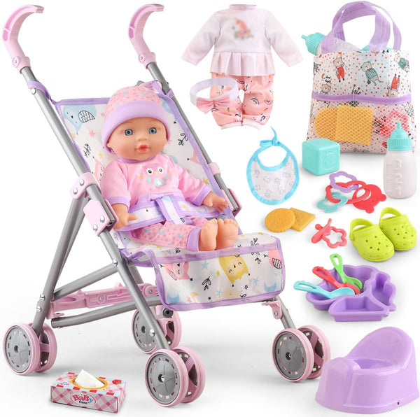 Baby Doll with Stroller Set for Realistic Pretend Play for 3 4