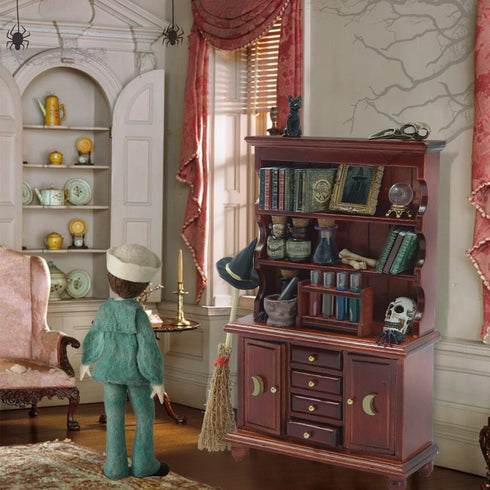 1/12 Set Dollhouse Miniatures Scale Accessories, Wooden Bookshelf Furniture - Magic Bottle&Potion, Witch Frame and Hat