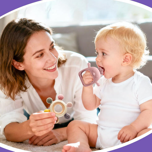 CAHILON 2 Pack 3-6 6-12 Easter Baby Teething Toys for Months, BPA Free Silicone Teething Mitten & Teething Ring, Baby
