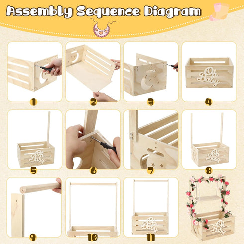 XIEJ Closet, 6 6 Wooden Baby Shower Crate Personalized Baby Gift Basket with Adjustable Handle, Include String Lights