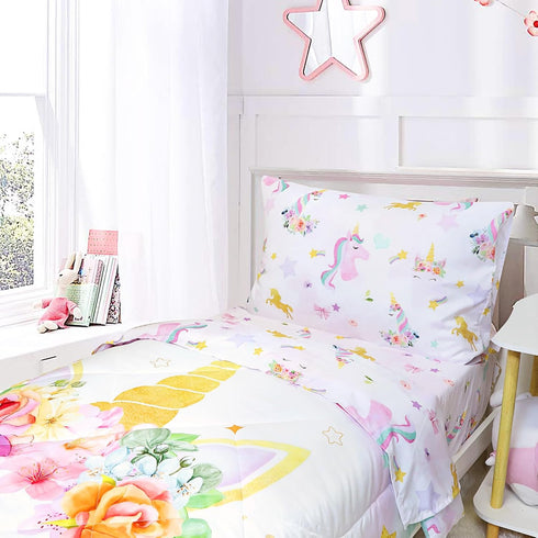 Sets Set 4 Set Toddler Bedding for Girls, Unicorn Toddler Crib Bedding Piece Pink Floral Toddler Comforter Includes
