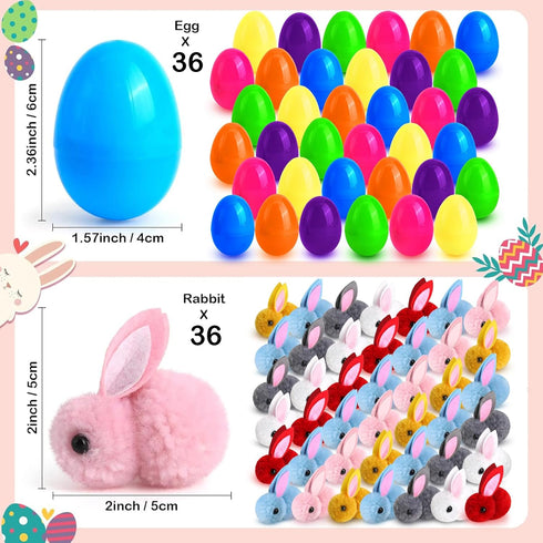 36 Pack Easter Eggs Fillers with Bunny Plush, Easter Basket Stuffers for Kids Easter Eggs with Toys Inside, Easter Mini