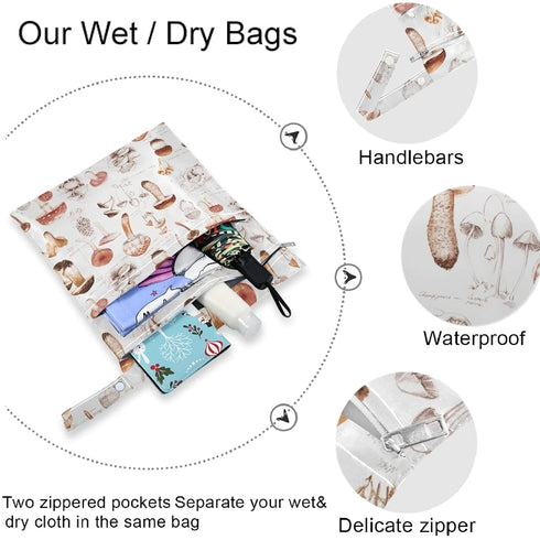 visesunny 2Pcs Hand Drawn Mushroom Wet Bag with Zippered Pockets Washable Reusable Roomy