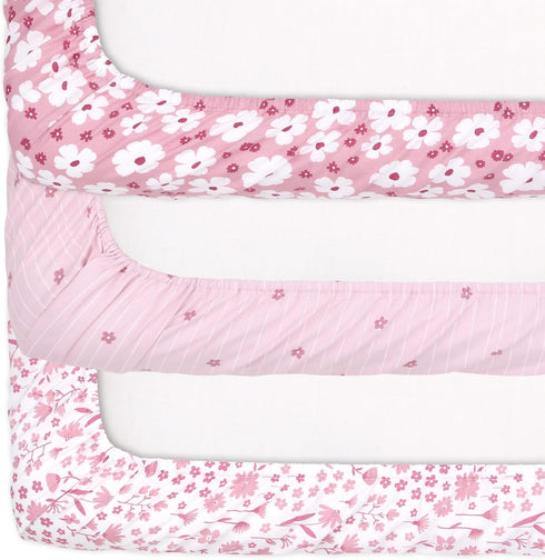 The Peanutshell Pack n Play Sheets for Baby Girl, Fitted Mini Crib Sheets, Floral Daisy 3 Pack for Playard Bedding
