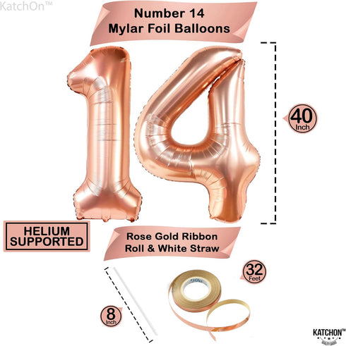 KatchOn Rose Gold 14 Balloon Numbers Set - Giant 40 Inch Foil Number Balloon for 14th Birthday Party