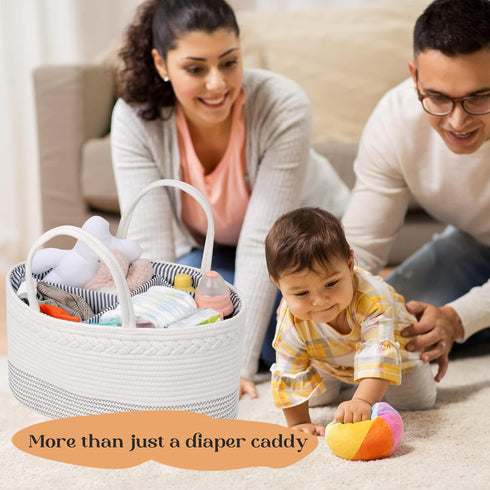 Luxury Little Diaper Caddy Organizer, Extra Large Cotton Rope Nursery Basket for Baby Diaper Storage, Portable Car