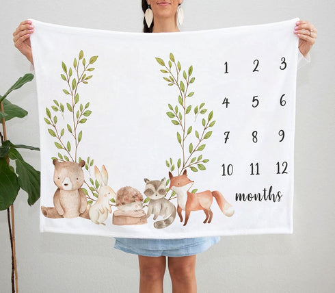 Woodland Milestone Blanket, Forest Animals Baby Growth Chart Monthly Blanket, Watch Me Grow for New Moms Baby Shower