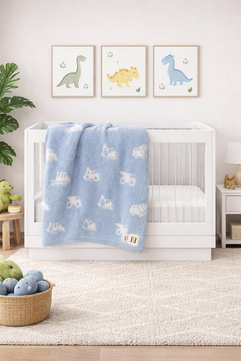 28"x40" L+L USA Construction Trucks Baby Blanket - DreamSoft Knit Throw for Crib, Stroller, Car Seat - Soft Newborn