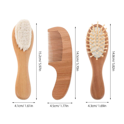 Set Hairbrush and Comb with Soft Wool Bristles and Beech Wood Handle for Newborns and Styling and Grooming Kit