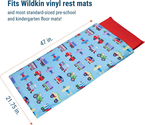Wildkin Kids Cotton Nap Mat Cover - Durable, Soft, Sewn-in Flap, Fits 1.5" Vinyl Sleep Mats - Trains, Planes & Trucks