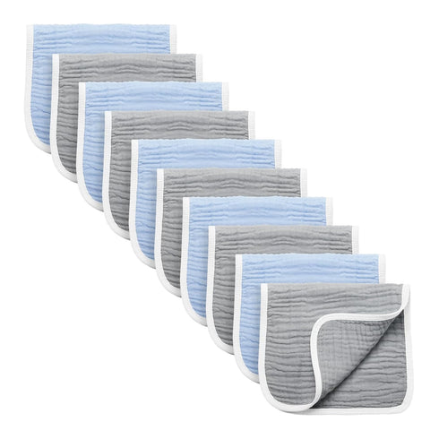 Synrroe Burp Cloths, Large Muslin for Baby Girls and Boys, Pack of 10 Extra Absorbent, 6 Layers, 100% Cotton (Blue-Grey)