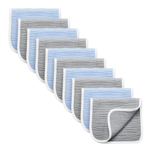 Synrroe Burp Cloths, Large Muslin for Baby Girls and Boys, Pack of 10 Extra Absorbent, 6 Layers, 100% Cotton (Blue-Grey)
