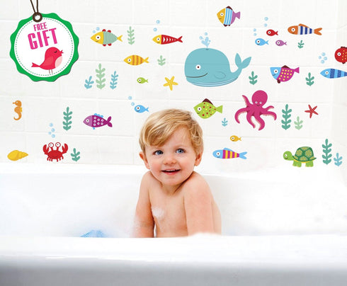 Ocean Fish Wall Decals, Sea Whale Turtle Tropical Creatures Bathroom Stickers, Cartoon Decorative Wall Decal for Kids