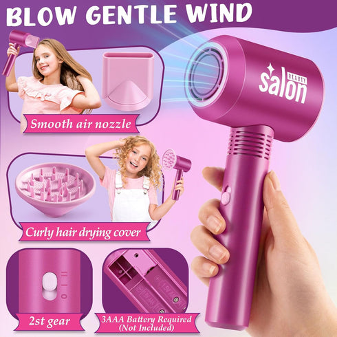 Hair Salon Pretend Play Toys for Girls - Makeup Playset with Hairdryer, Straightener, and Portable Box for Ages 3-6