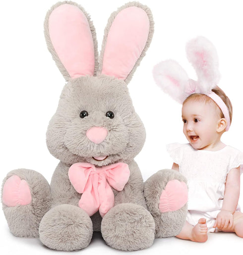 MorisMos Giant Bunny Stuffed Animal, 31.5'' Large Grey Rabbit Plush Toy with Pink Ears, Ideal Gift for Cuddling