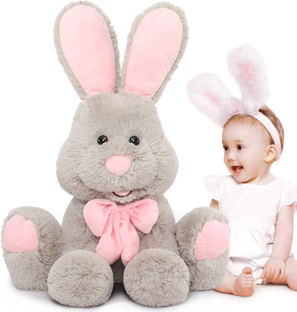 MorisMos Giant Bunny Stuffed Animal, 31.5'' Large Grey Rabbit Plush Toy with Pink Ears, Ideal Gift for Cuddling