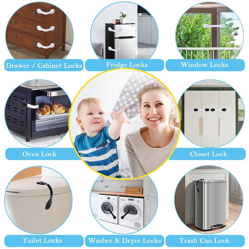 Fursafe&Q Cabinet Locks Baby Proofing, Child Safety Strap Locks Adhesive Black - Child Proof Fridge Lock Drawer Door