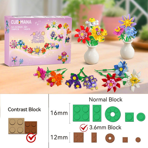 24 Pack Set 789PCS 3.6MM 6+ Flowers Easter Basket Fillers Party Favors for Kids Building - Flowers Mini Building Block
