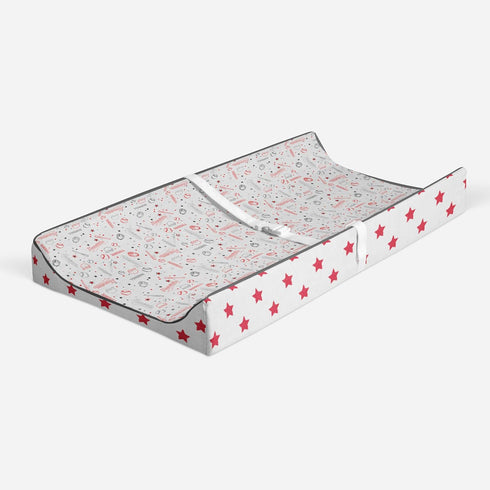 Baseball Themed Muslin Quilted Changing Pad Cover in Red/Grey
