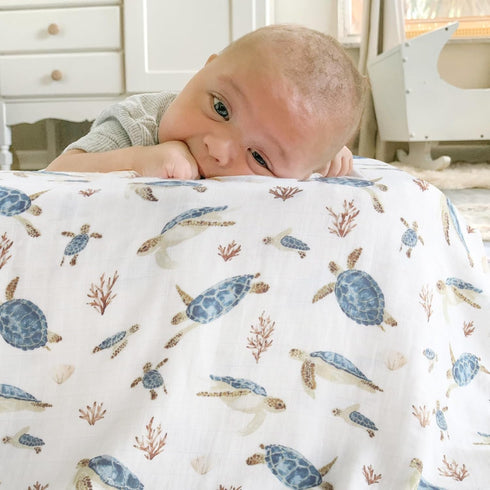 LifeTree Muslin Swaddle Blankets Neutral, Baby Washcloths Sea Turtle Swaddling Wrap Nursery Receiving Blanket for Boys