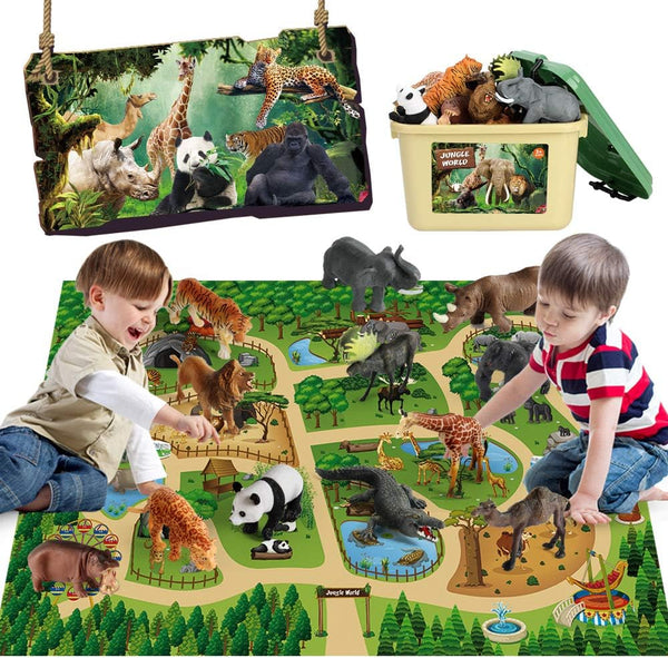 Mini Tudou 12 Pcs Safari Animals Figures Toys w/ 57x38.6 Large Activity