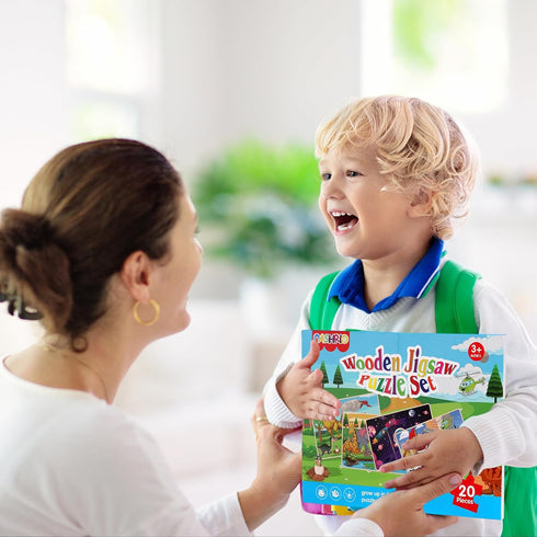 Wooden Puzzles Toys for Kids Ages 3-5 - Set of 4 Packs Dinosaur, Space, Transportation Wood Toddler Puzzles